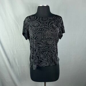 RL Richard Blouse Top Womens L Black White Paisley Print Nylon Stretch Everyday